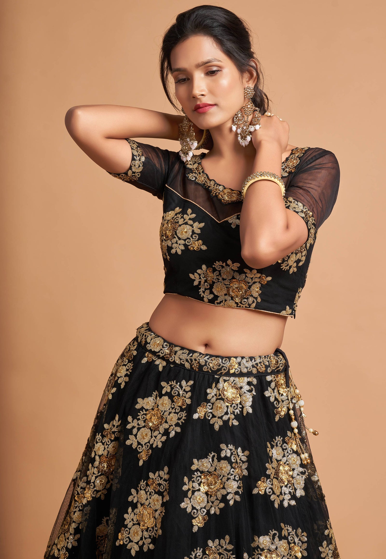 Black Soft Net Zari Embroidered Lehenga Choli Set