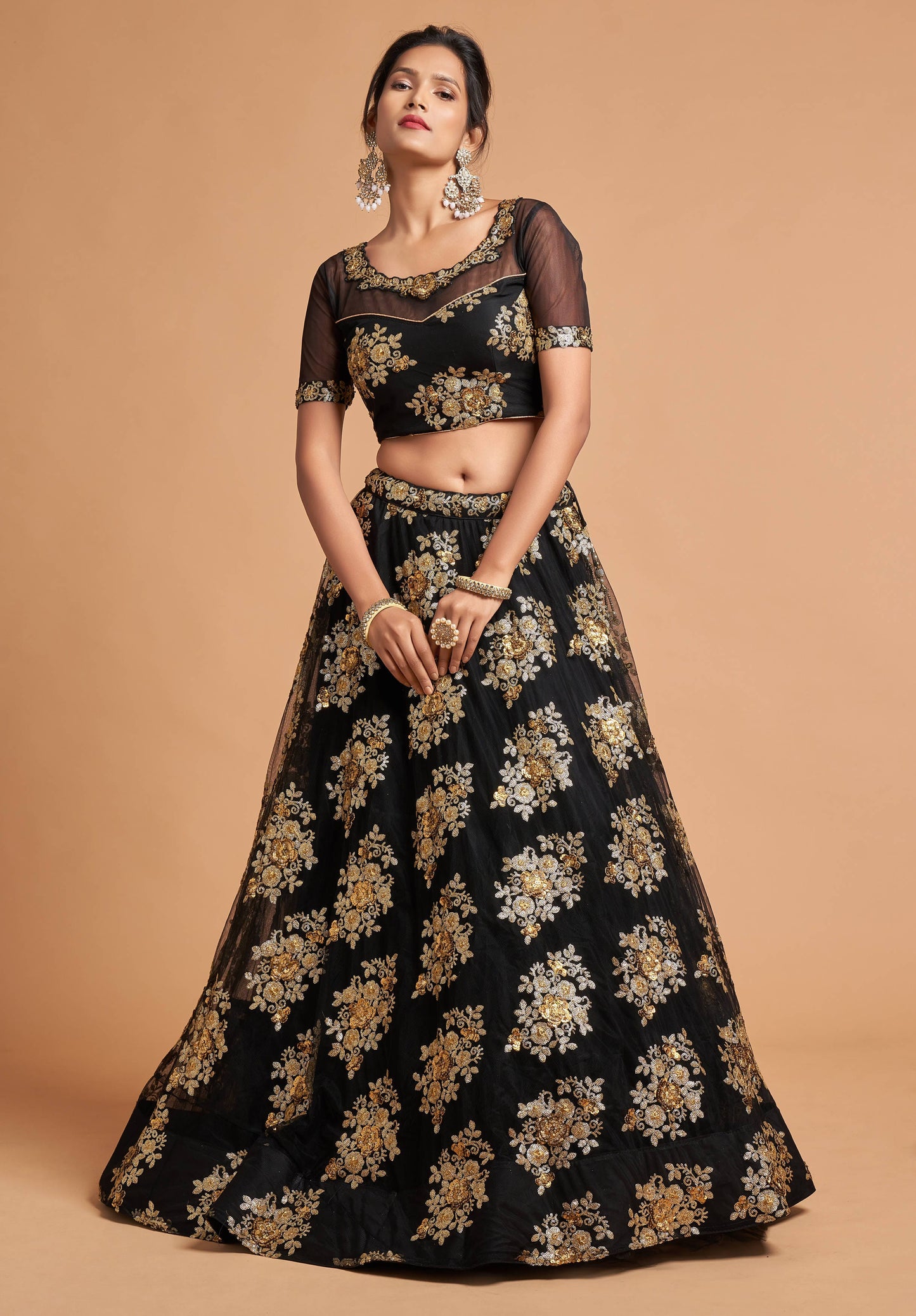 Black Soft Net Zari Embroidered Lehenga Choli Set