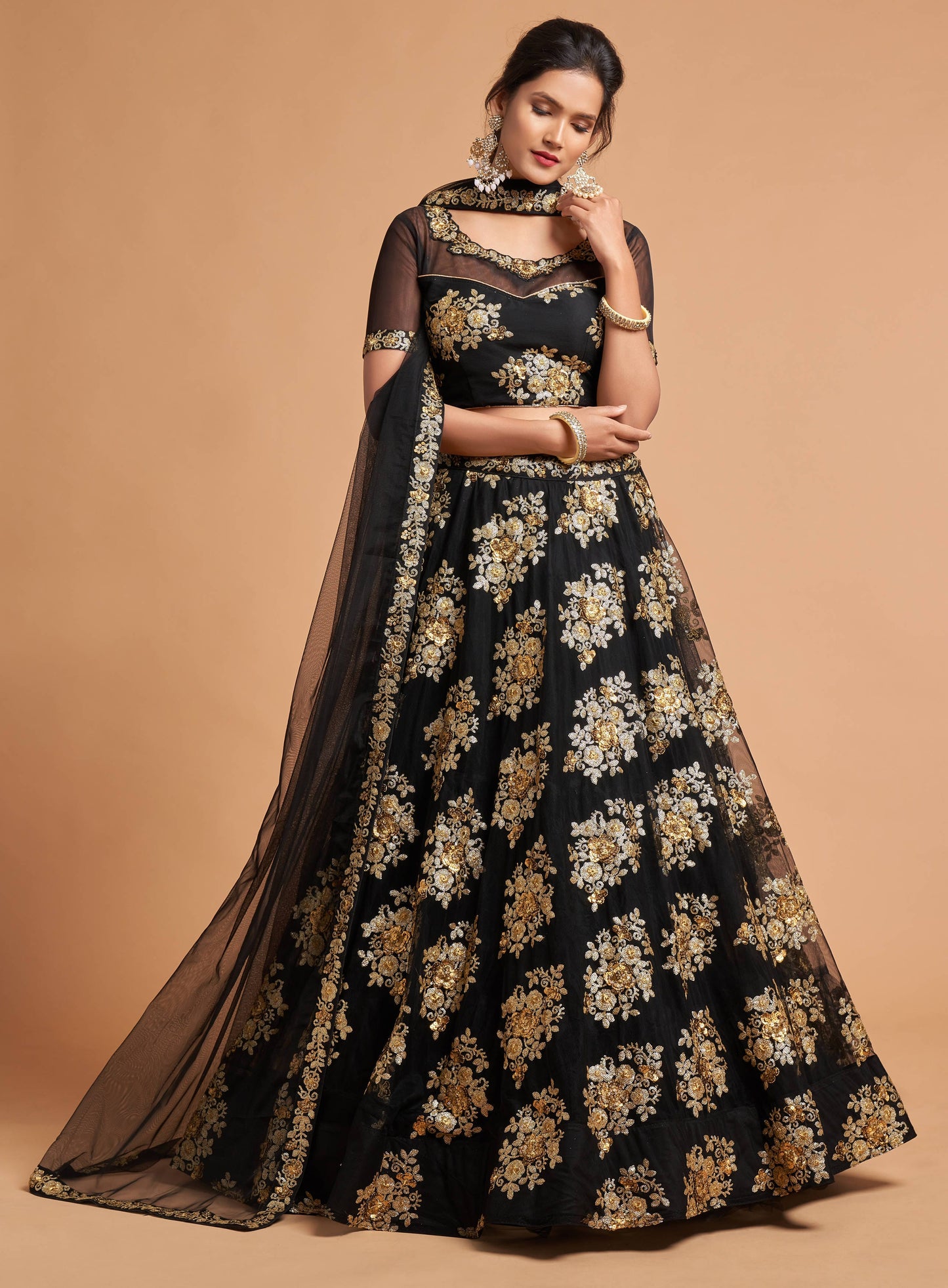 Black Soft Net Zari Embroidered Lehenga Choli Set