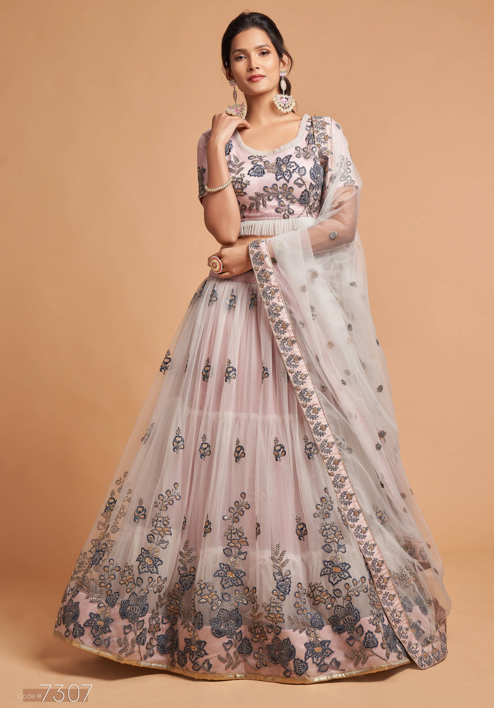 Grey Soft Net Zari Embroidered Lehenga Choli Set