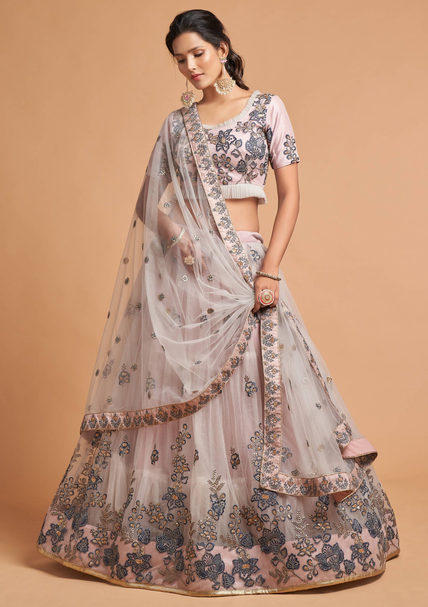 Grey Soft Net Zari Embroidered Lehenga Choli Set