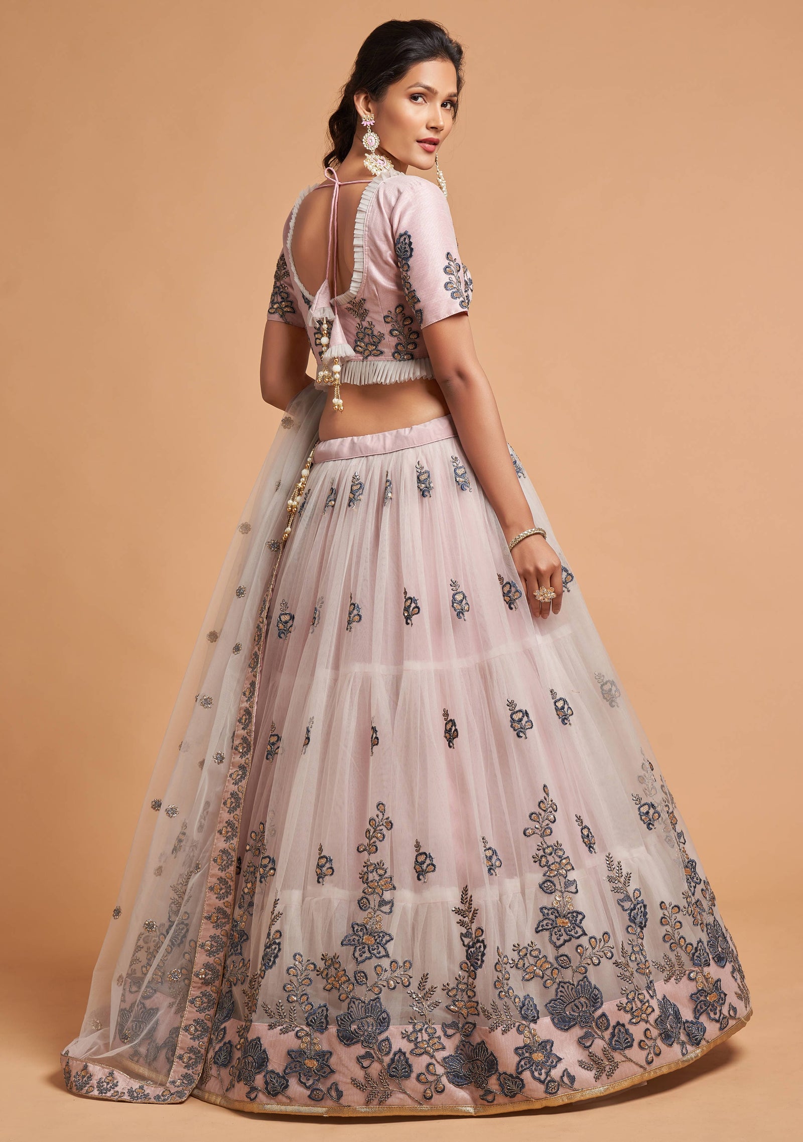 Grey Soft Net Zari Embroidered Lehenga Choli Set
