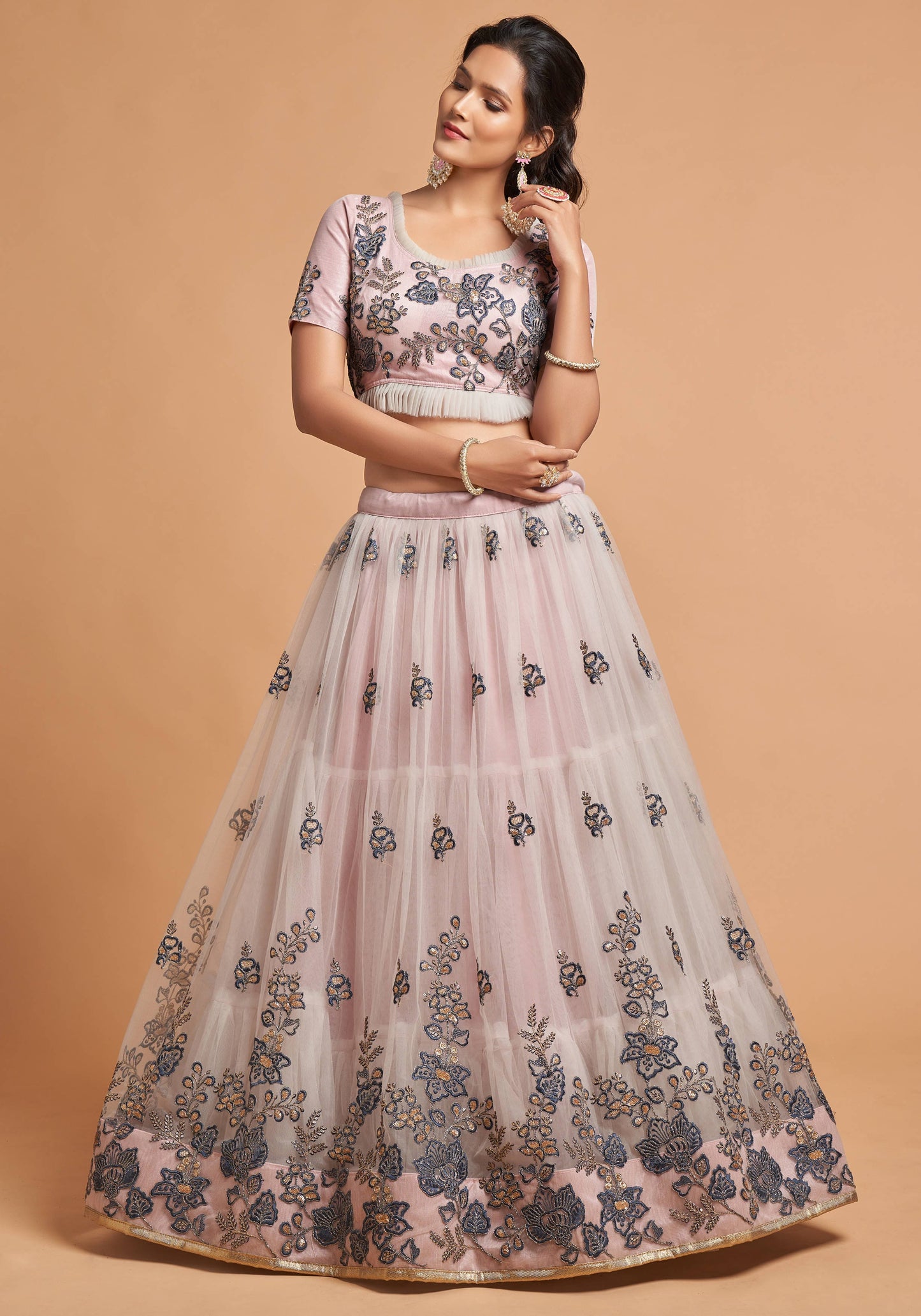 Grey Soft Net Zari Embroidered Lehenga Choli Set