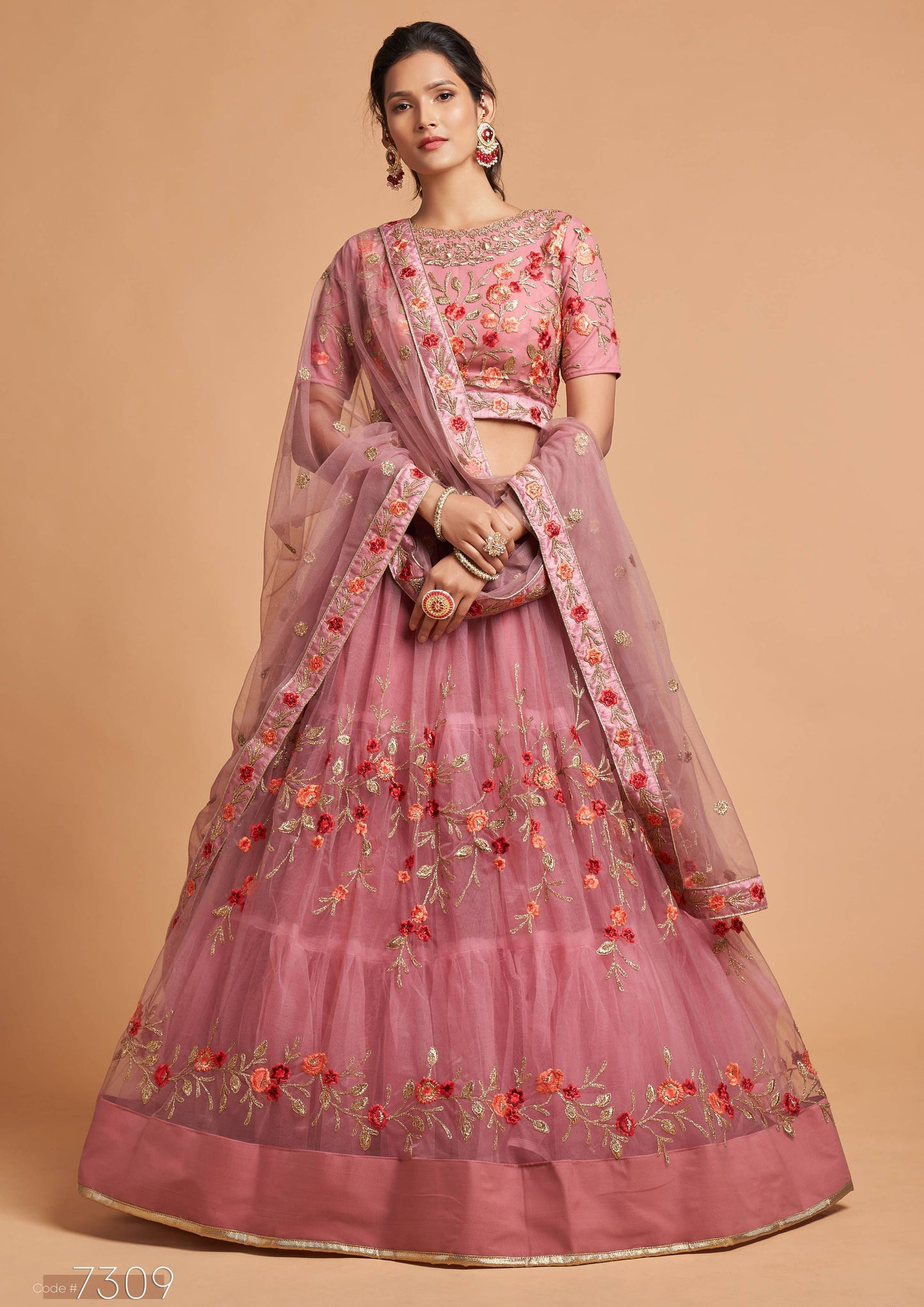 Dusty Pink Soft Net Zari Embroidered Lehenga Choli Set