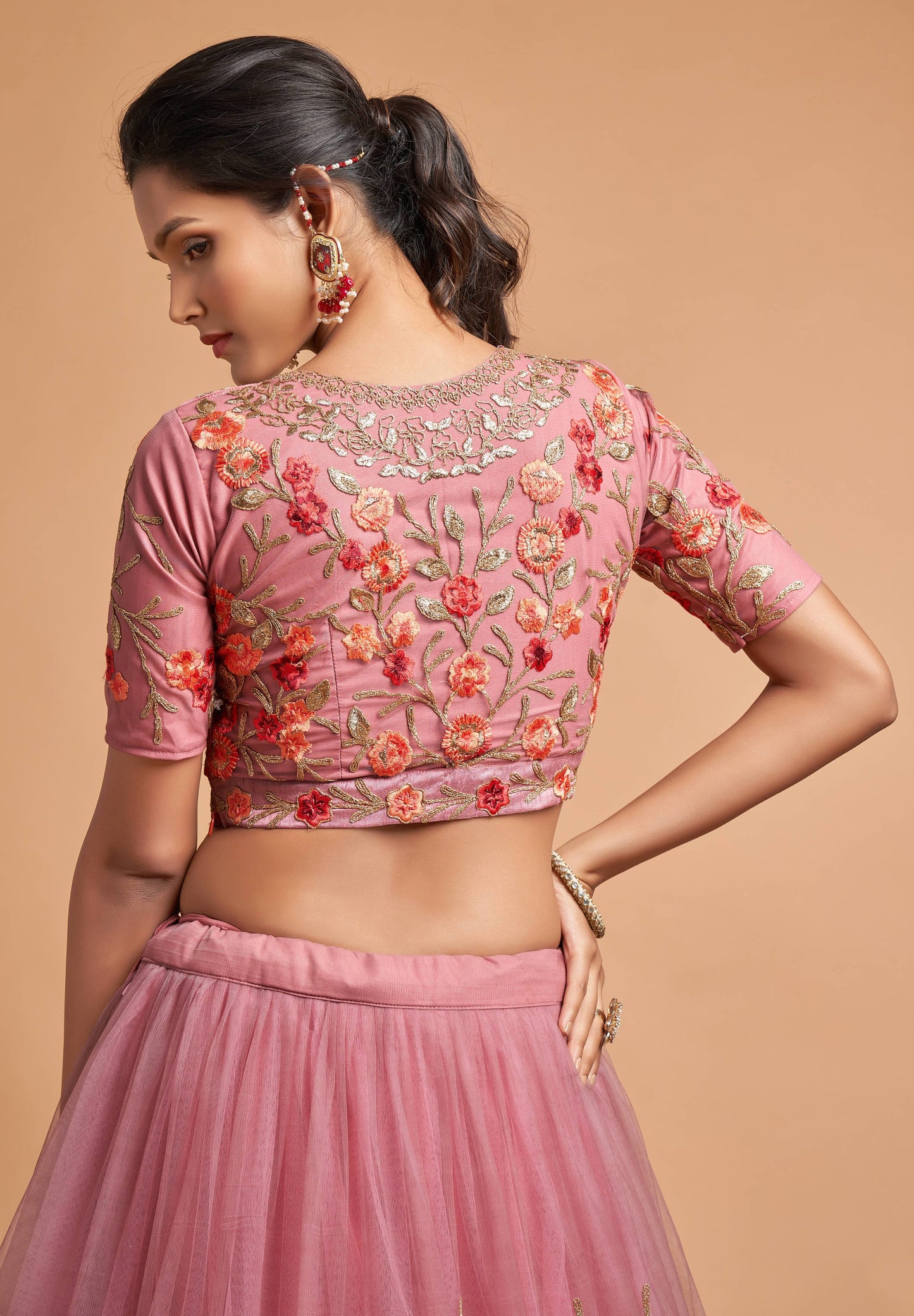 Dusty Pink Soft Net Zari Embroidered Lehenga Choli Set