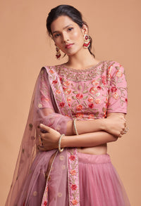 Dusty Pink Soft Net Zari Embroidered Lehenga Choli Set