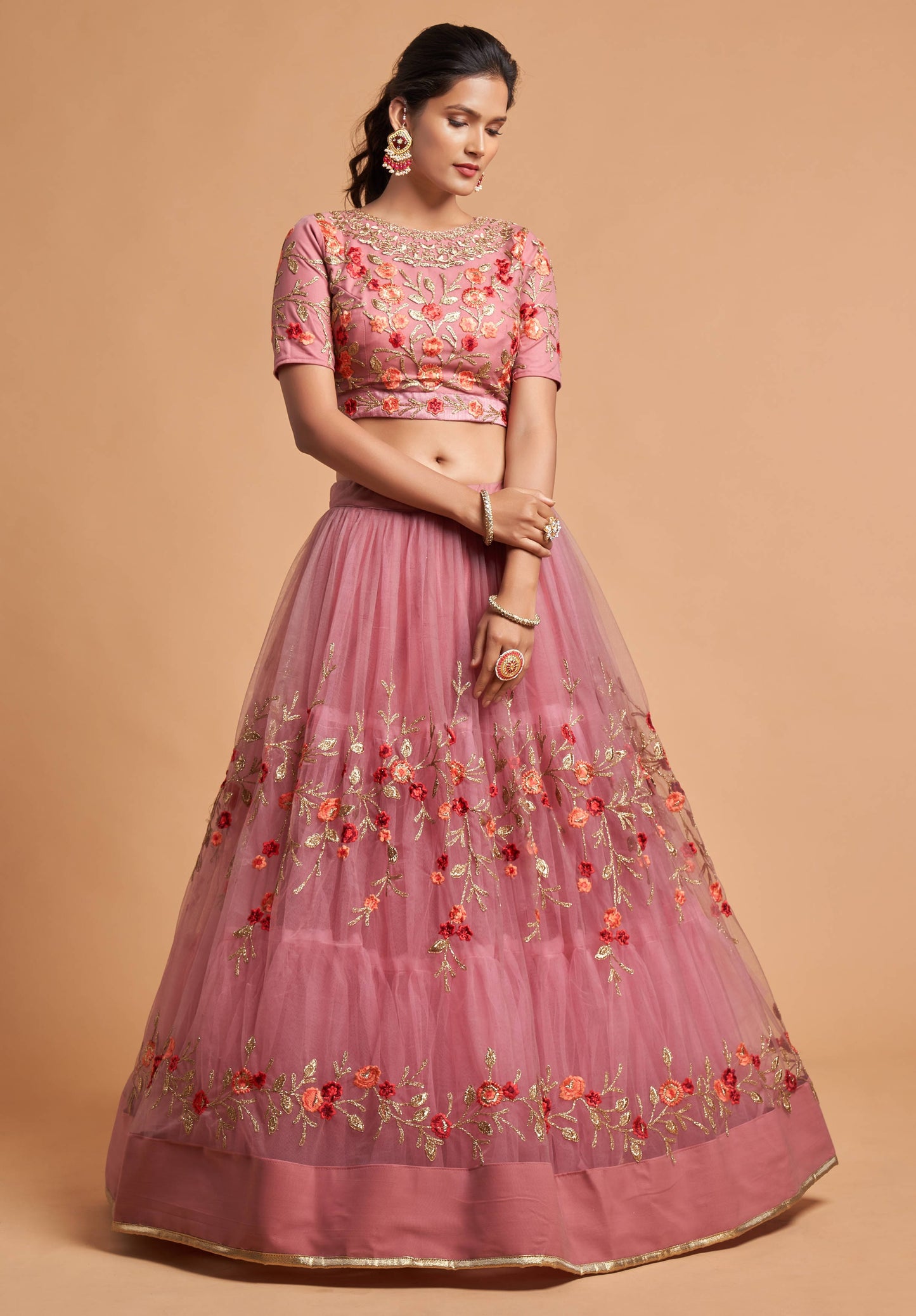 Dusty Pink Soft Net Zari Embroidered Lehenga Choli Set