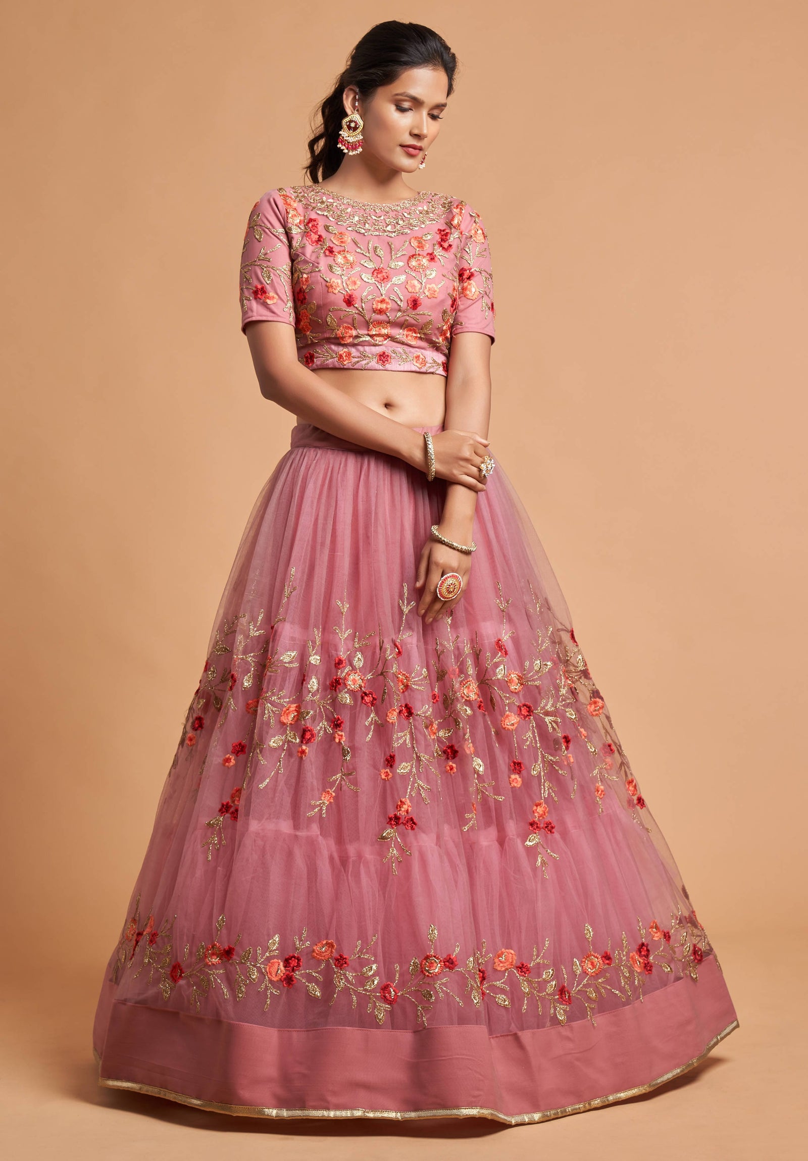 Dusty Pink Soft Net Zari Embroidered Lehenga Choli Set