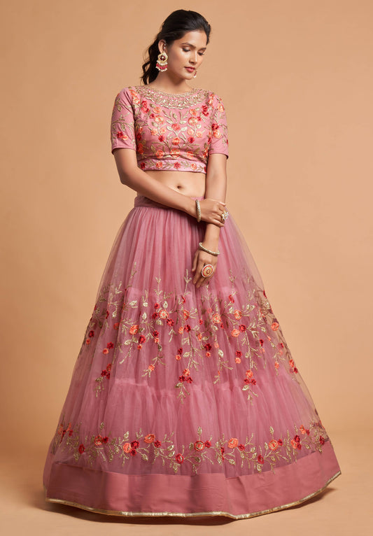 Dusty Pink Soft Net Zari Embroidered Lehenga Choli Set