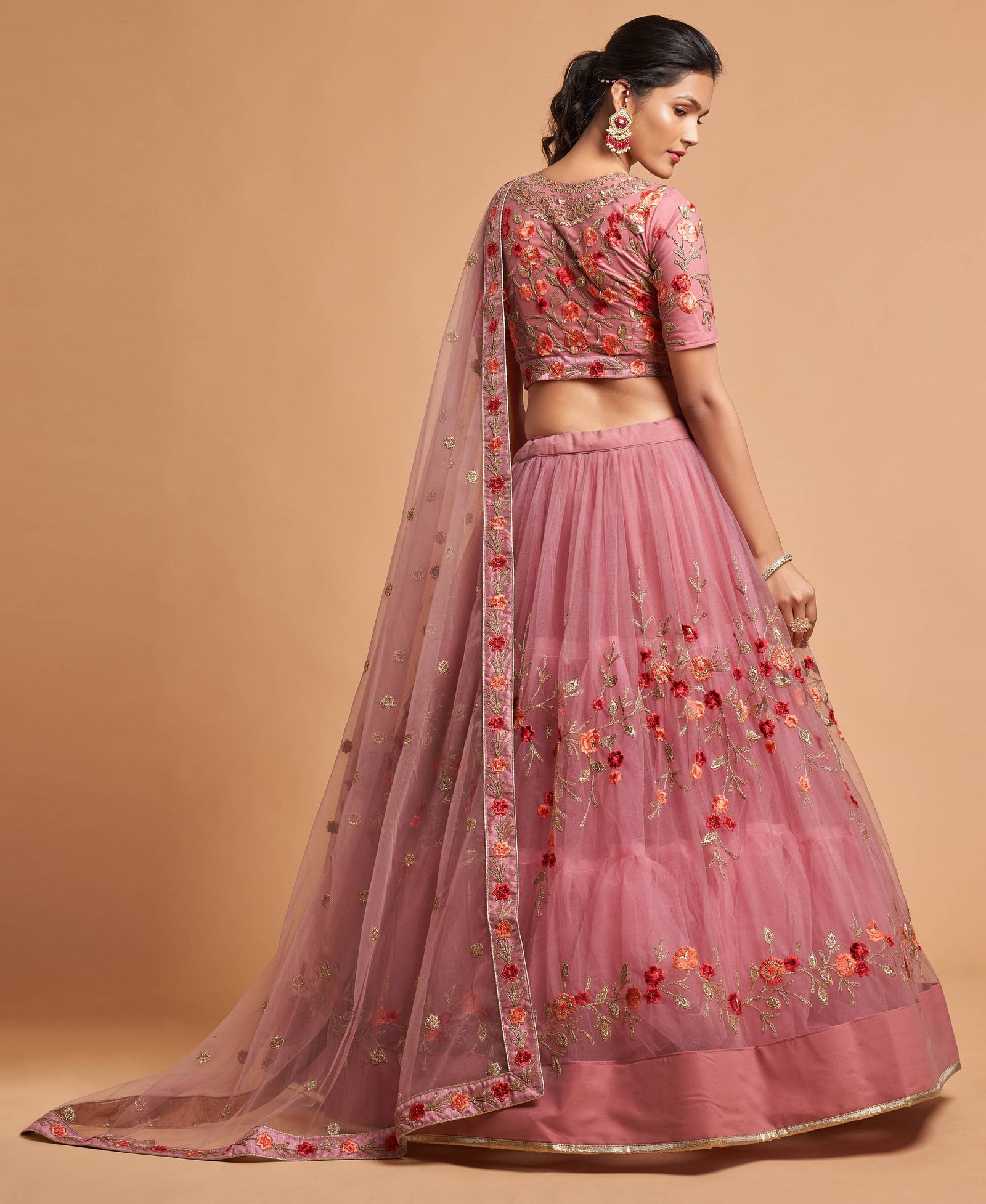 Dusty Pink Soft Net Zari Embroidered Lehenga Choli Set