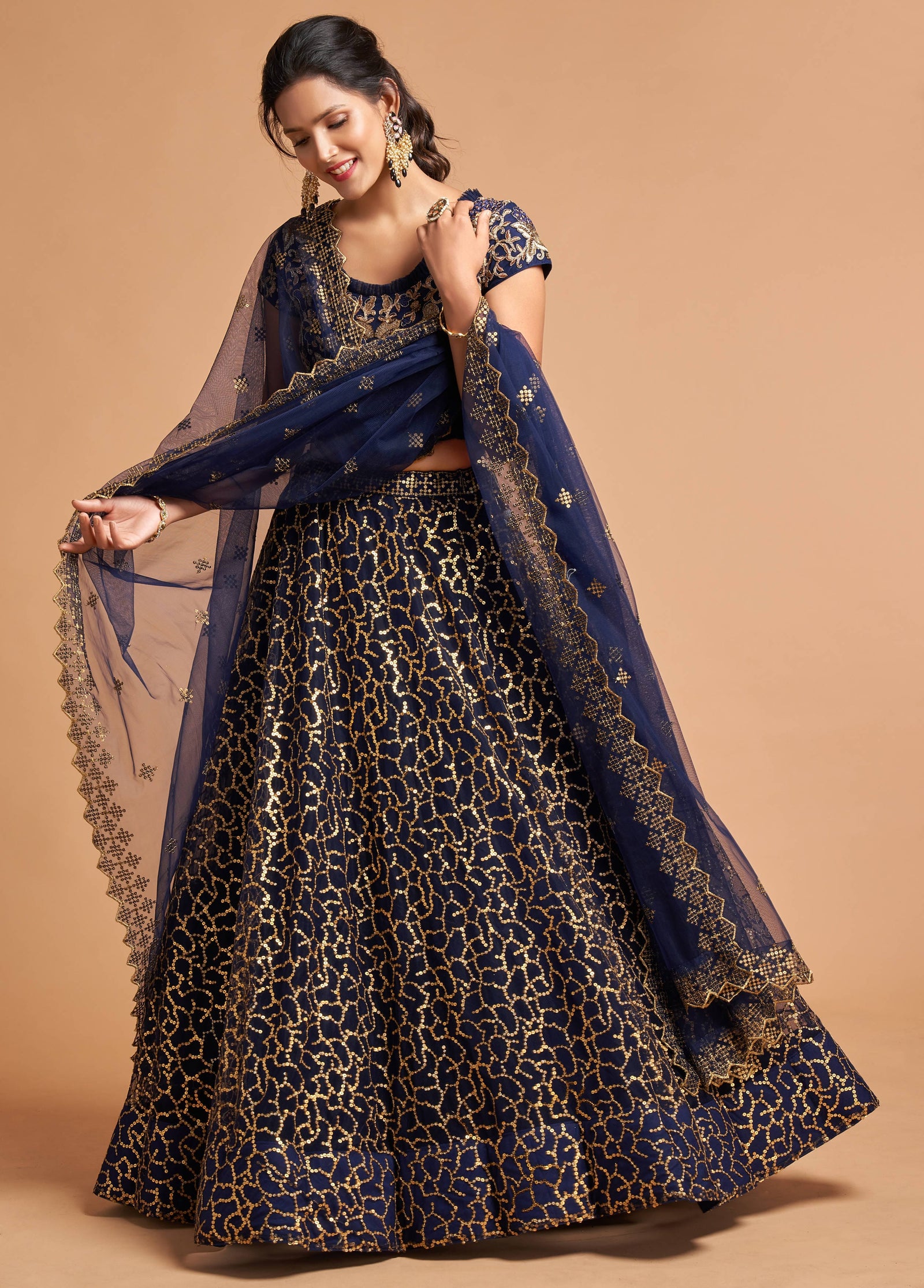 Navy Blue Soft Net Zari Embroidered Lehenga Choli Set