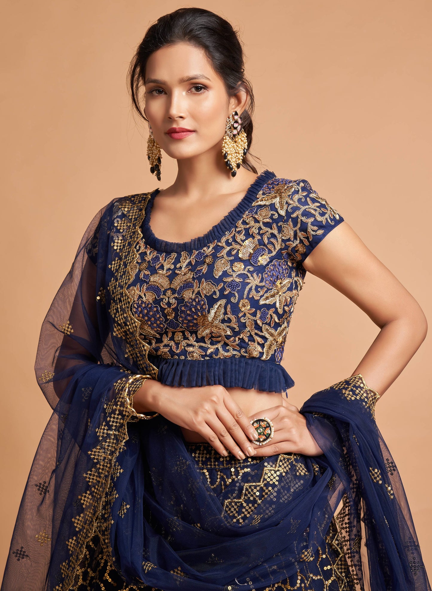 Navy Blue Soft Net Zari Embroidered Lehenga Choli Set