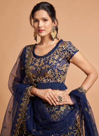 Navy Blue Soft Net Zari Embroidered Lehenga Choli Set