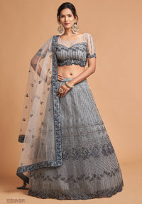 Mist Grey Soft Net Zari Embroidered Lehenga Choli Set