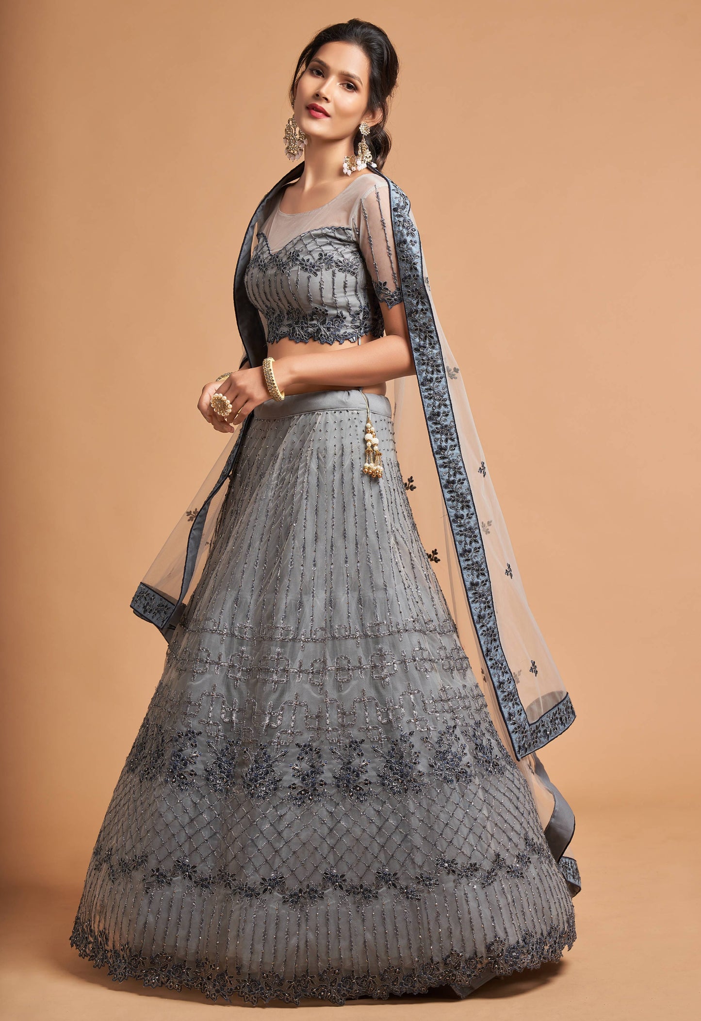 Mist Grey Soft Net Zari Embroidered Lehenga Choli Set