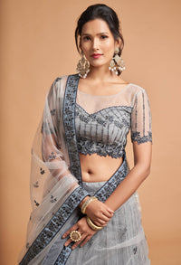 Mist Grey Soft Net Zari Embroidered Lehenga Choli Set