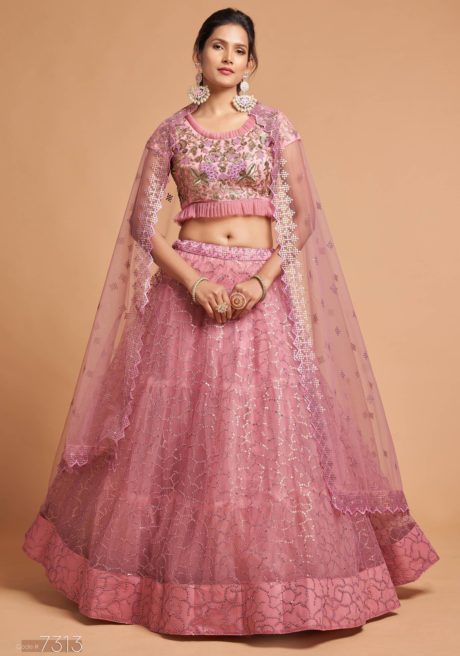 Blush Pink Soft Net Zari Embroidered Lehenga Choli Set