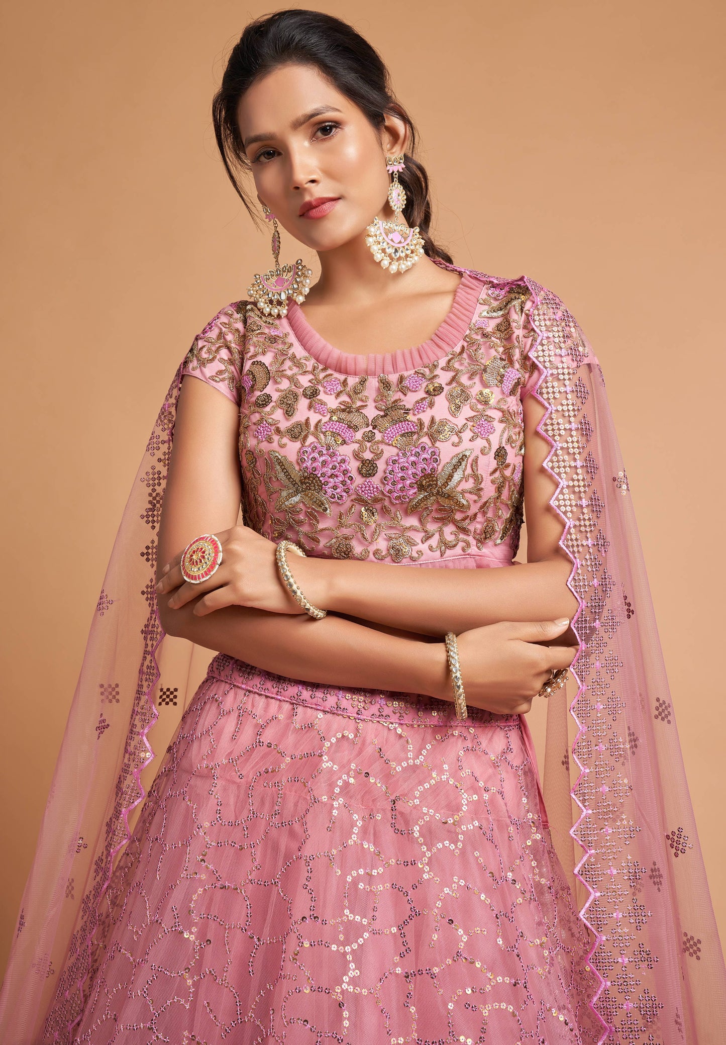 Blush Pink Soft Net Zari Embroidered Lehenga Choli Set