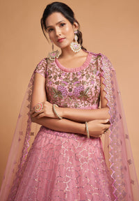 Blush Pink Soft Net Zari Embroidered Lehenga Choli Set