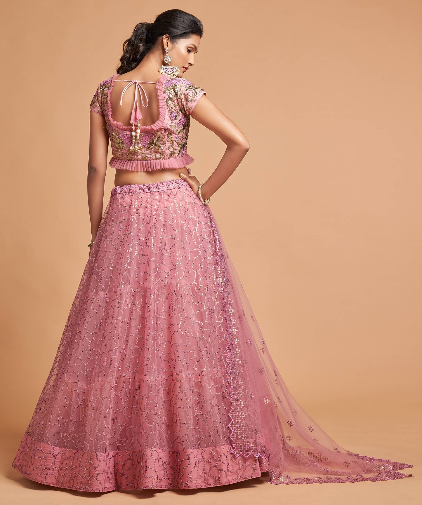 Blush Pink Soft Net Zari Embroidered Lehenga Choli Set