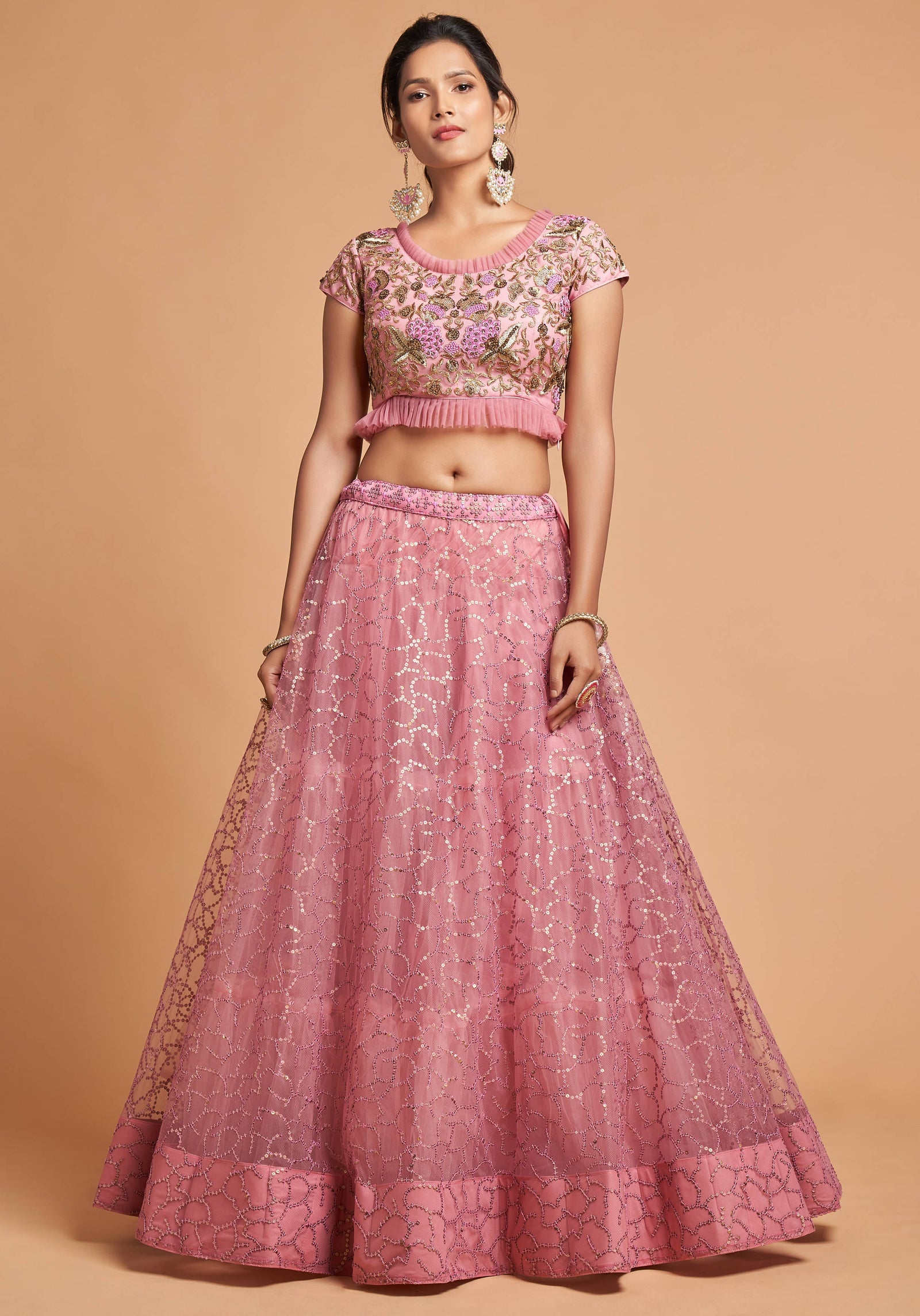 Blush Pink Soft Net Zari Embroidered Lehenga Choli Set