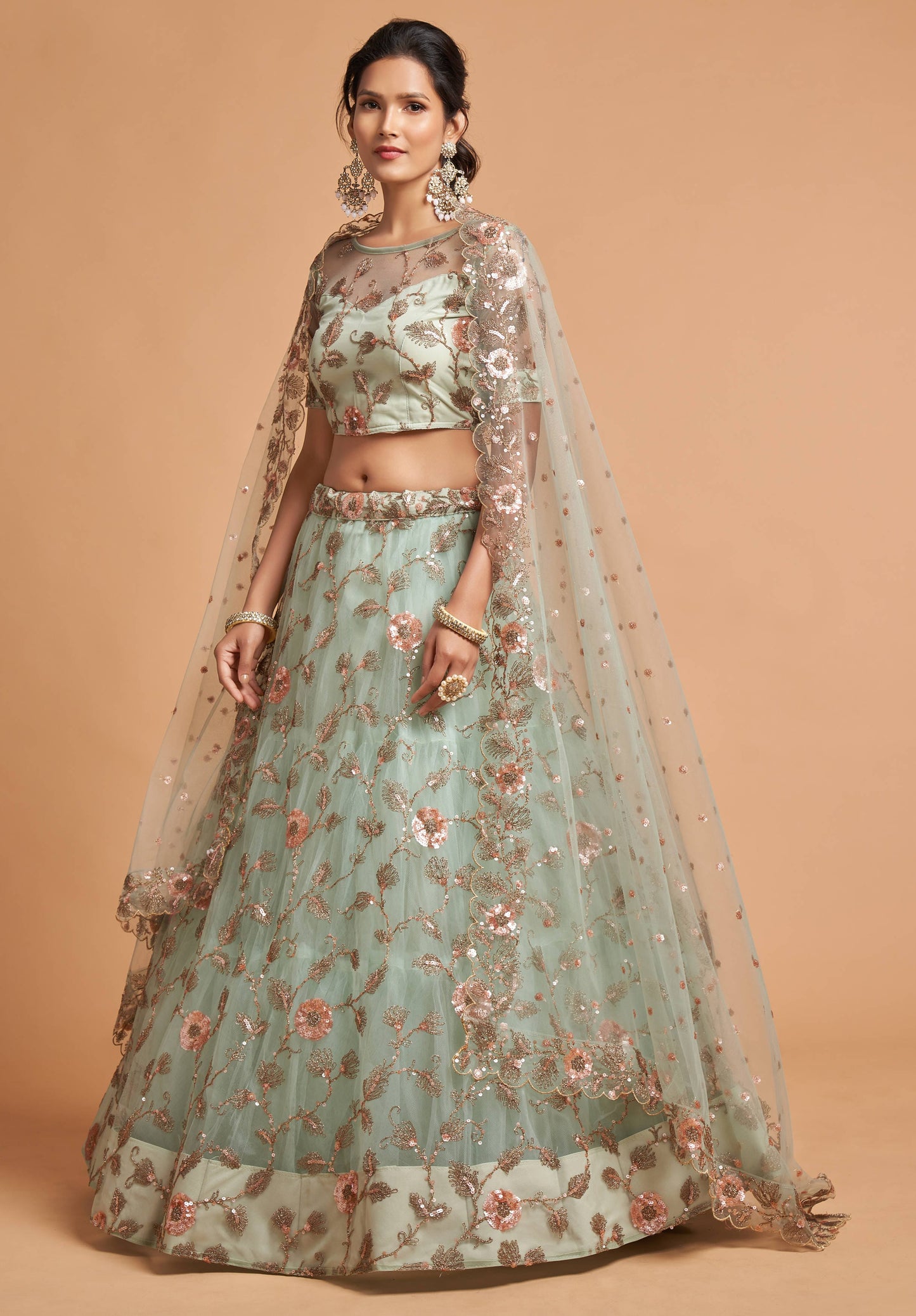 Sky Blue Soft Net Zari Embroidered Lehenga Choli Set