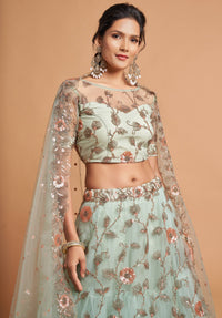 Sky Blue Soft Net Zari Embroidered Lehenga Choli Set