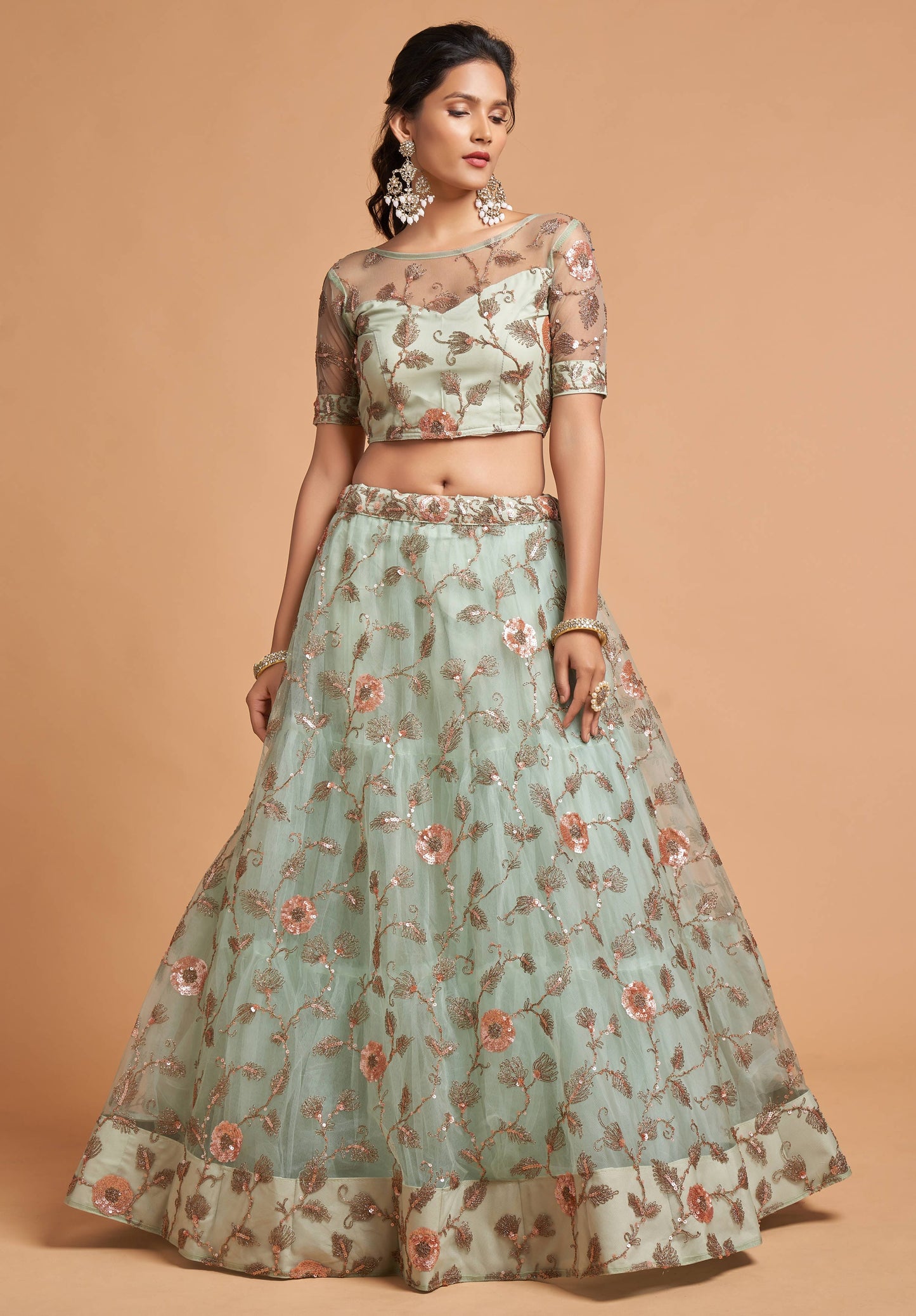 Sky Blue Soft Net Zari Embroidered Lehenga Choli Set