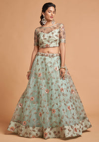 Sky Blue Soft Net Zari Embroidered Lehenga Choli Set