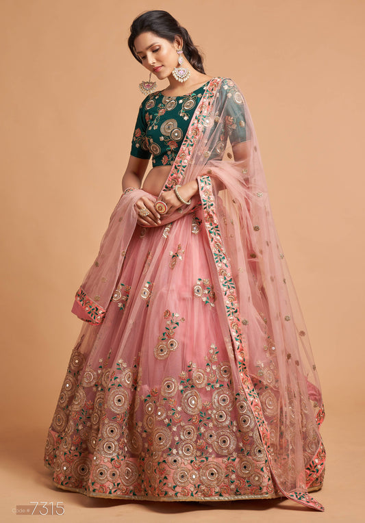 Peach Soft Net Zari Embroidered Lehenga Choli Set