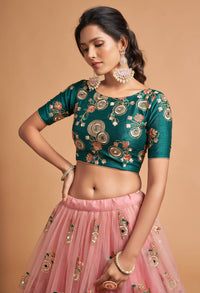 Peach Soft Net Zari Embroidered Lehenga Choli Set