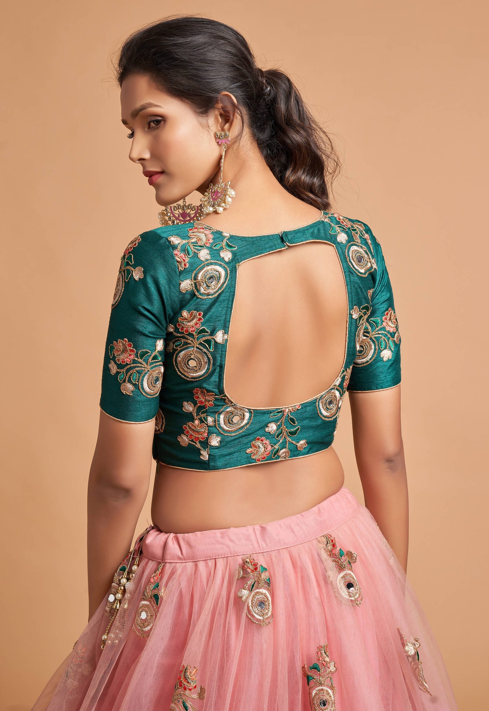 Peach Soft Net Zari Embroidered Lehenga Choli Set