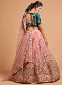 Peach Soft Net Zari Embroidered Lehenga Choli Set