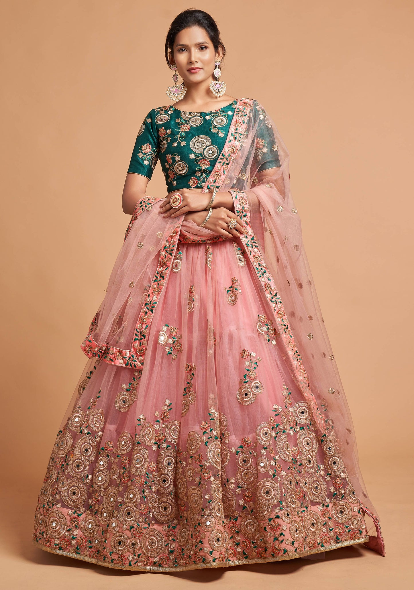 Peach Soft Net Zari Embroidered Lehenga Choli Set