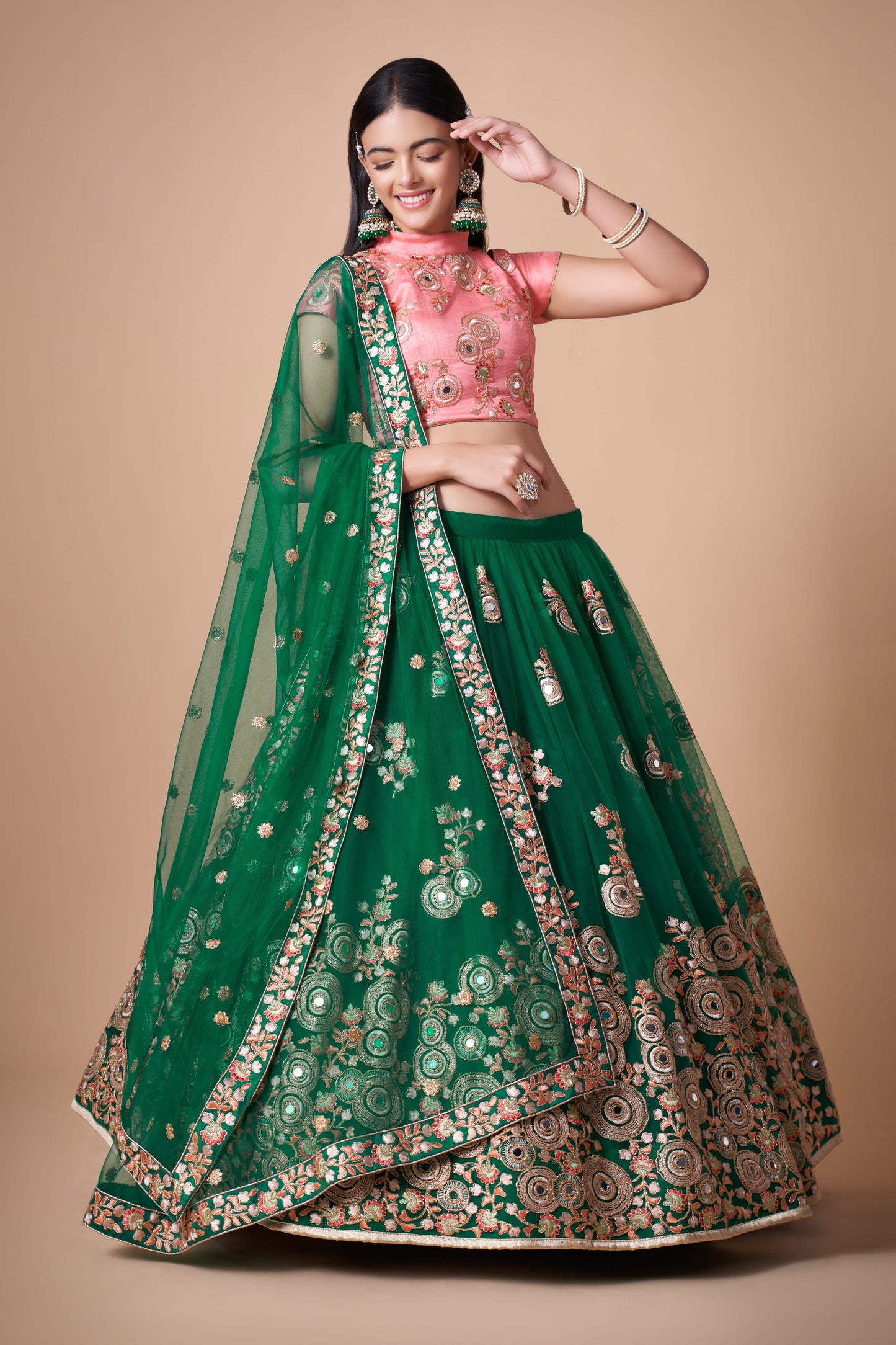 Green Soft Net Mirror Embroidered Lehenga Choli Set