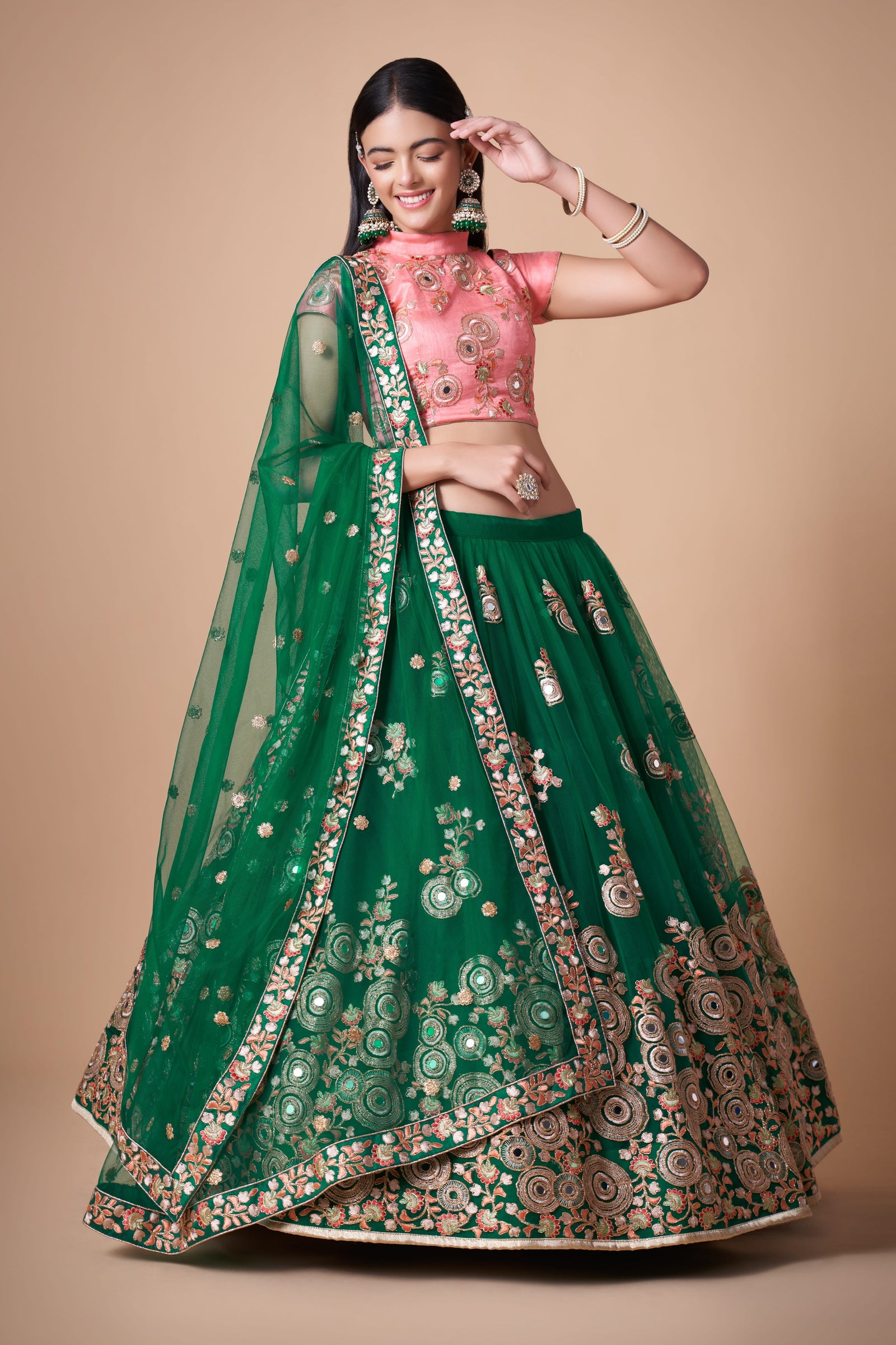 Green Soft Net Mirror Embroidered Lehenga Choli Set
