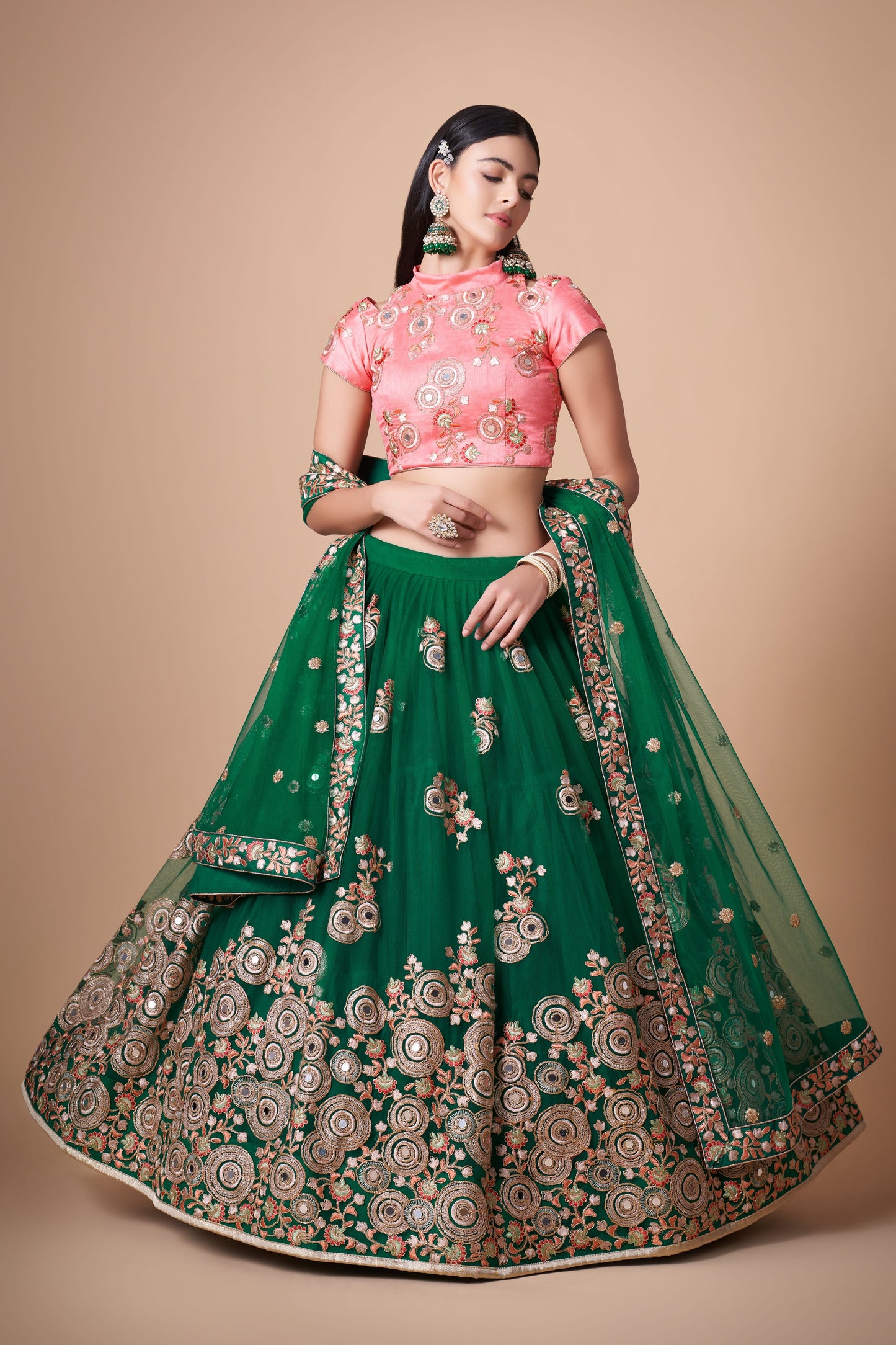 Green Soft Net Mirror Embroidered Lehenga Choli Set