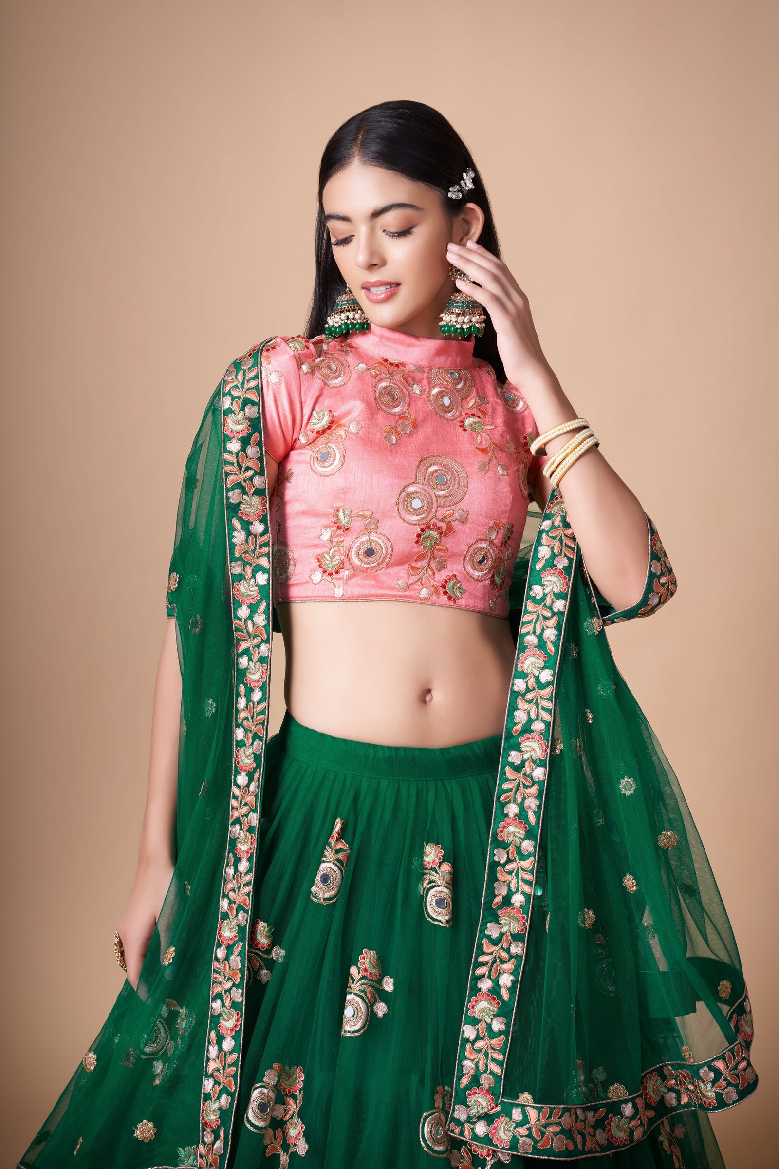 Green Soft Net Mirror Embroidered Lehenga Choli Set
