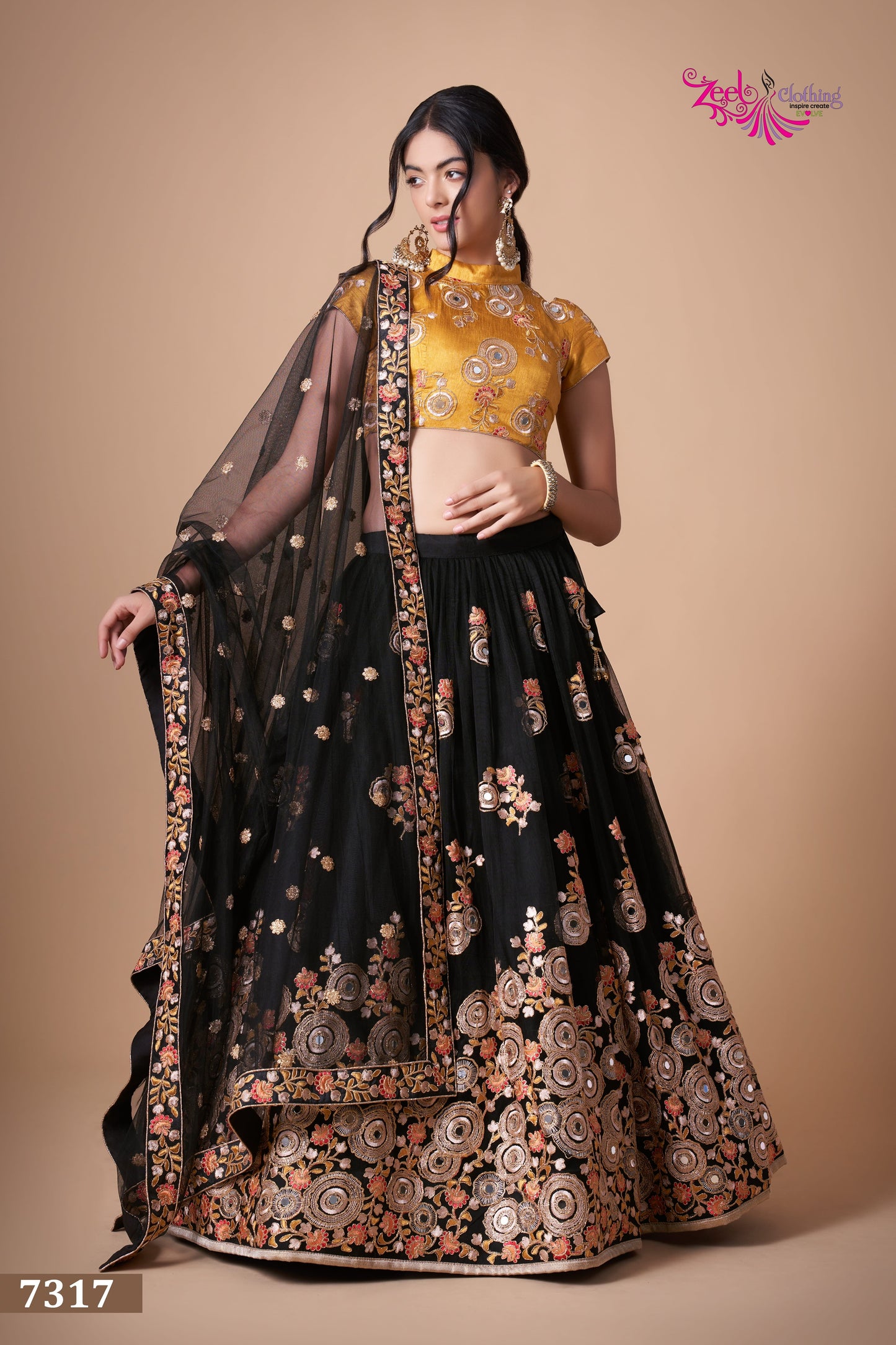 Midnight Black Soft Net Mirror Embroidered Lehenga Choli Set