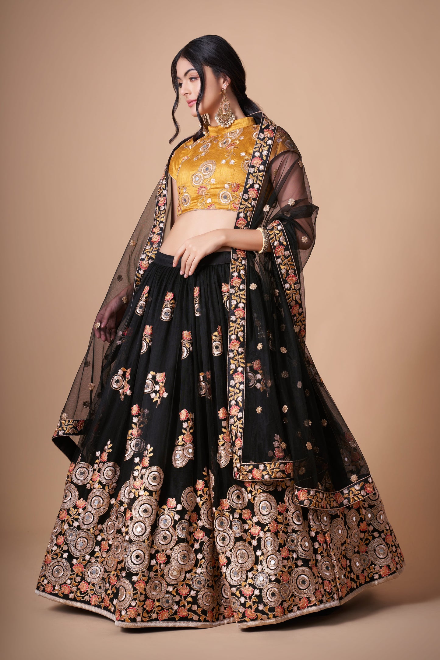 Midnight Black Soft Net Mirror Embroidered Lehenga Choli Set