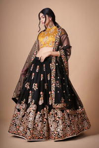 Midnight Black Soft Net Mirror Embroidered Lehenga Choli Set