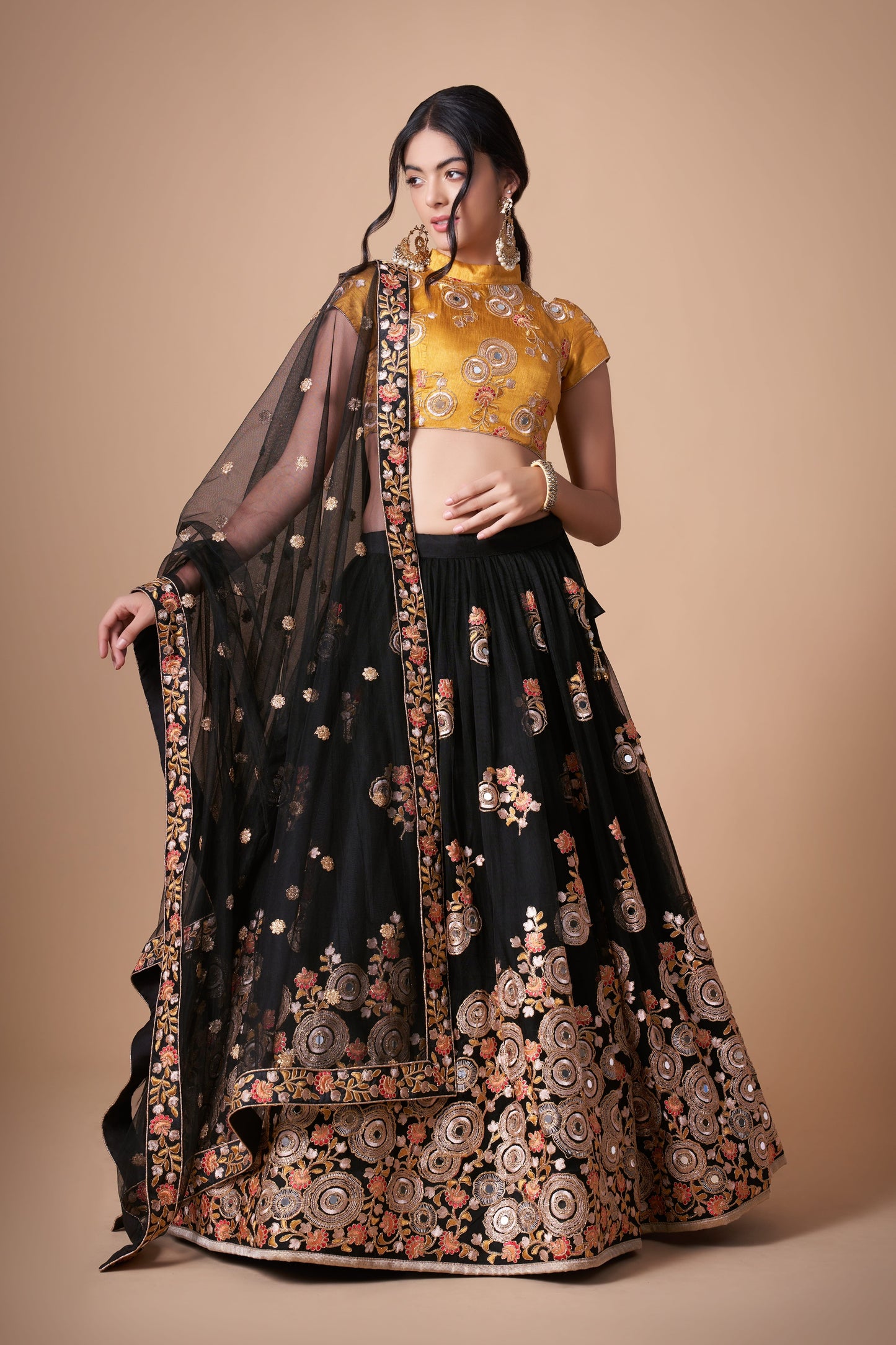 Midnight Black Soft Net Mirror Embroidered Lehenga Choli Set