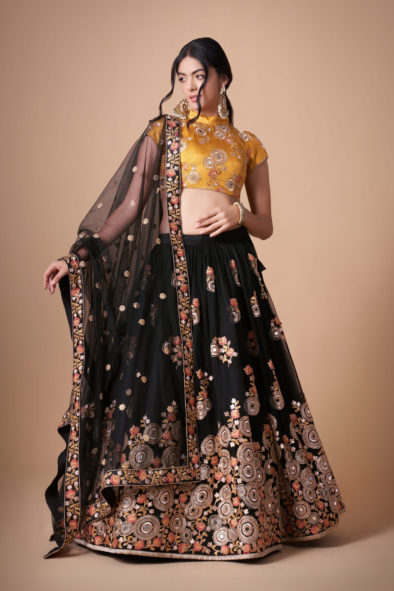 Midnight Black Soft Net Mirror Embroidered Lehenga Choli Set