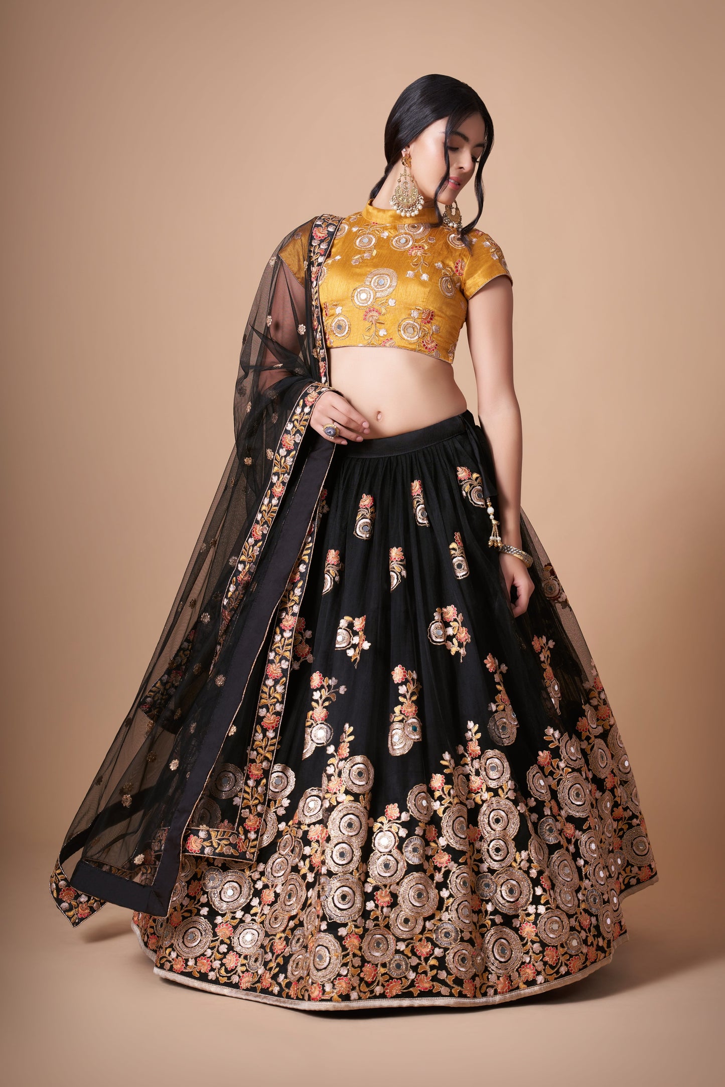 Midnight Black Soft Net Mirror Embroidered Lehenga Choli Set