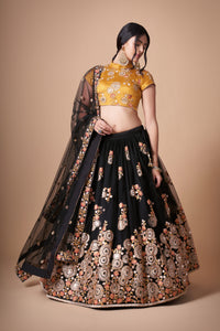 Midnight Black Soft Net Mirror Embroidered Lehenga Choli Set