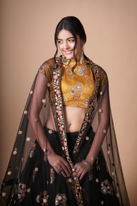 Midnight Black Soft Net Mirror Embroidered Lehenga Choli Set