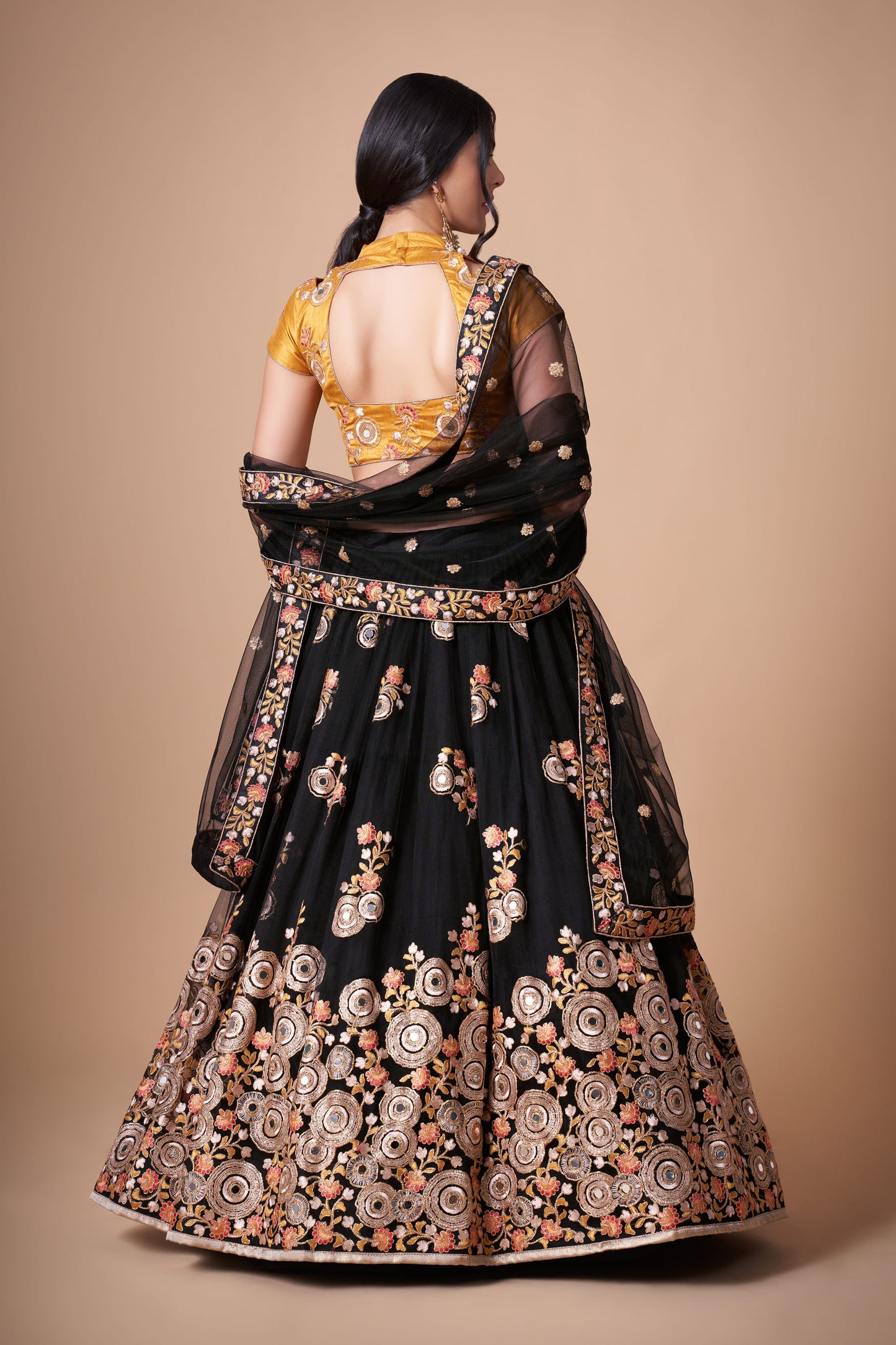 Midnight Black Soft Net Mirror Embroidered Lehenga Choli Set