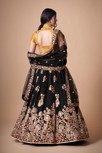 Midnight Black Soft Net Mirror Embroidered Lehenga Choli Set