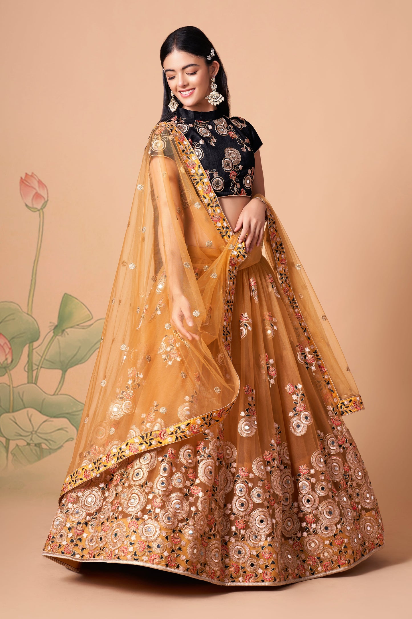 Gold Soft Net Mirror Embroidered Lehenga Choli Set
