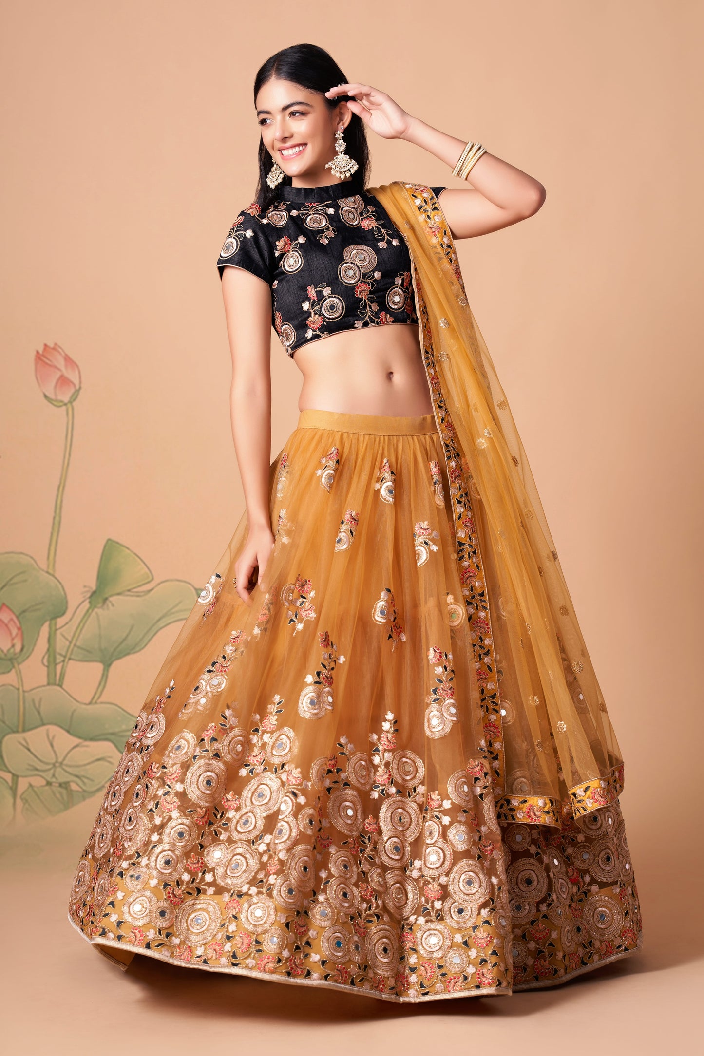Gold Soft Net Mirror Embroidered Lehenga Choli Set